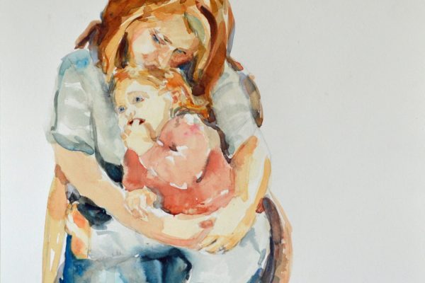 Watercolor painting of a woman hugging a small child on her lap, both faces soft and gentle.