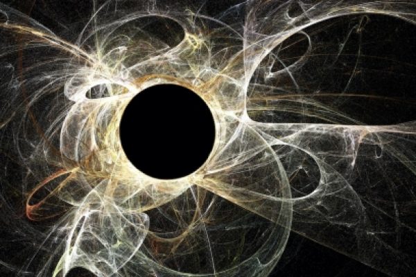 Abstract art with a black circle at the center, surrounded by swirling white and beige lines on a dark background.