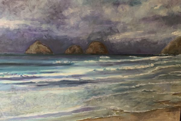 Painting of a cloudy seascape with waves and three large rocky islands in the distance.