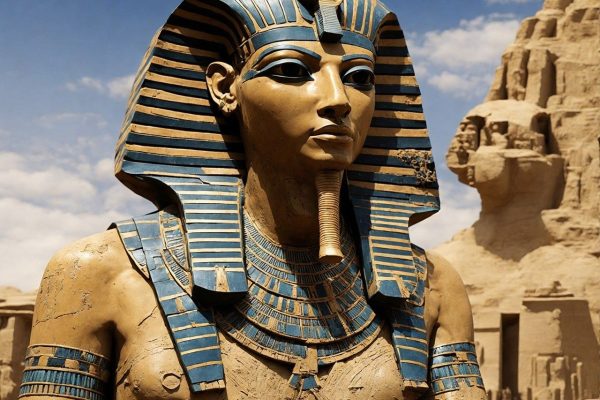 a statue of the Pharoah wearing an Egyptian headdress