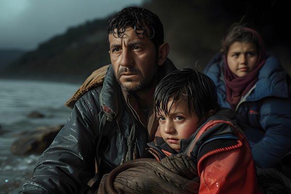 A worried man and two children in wet clothing sit by a lakeshore, looking into the distance.