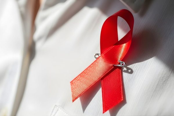 A red ribbon pinned to a white shirt, symbolizing awareness and support for HIV/AIDS.