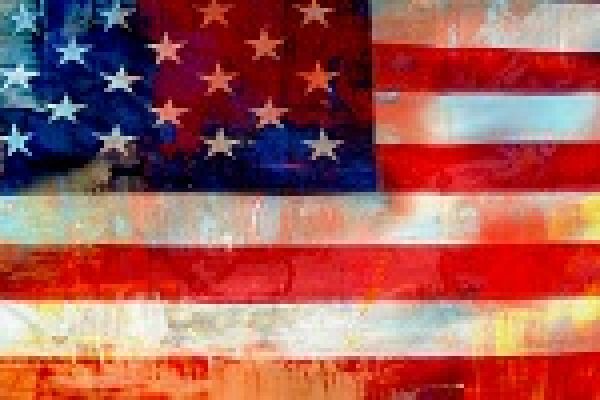 Abstract painting of the American flag with textured stars and stripes in vibrant colors.
