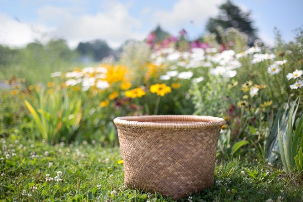 a basket in front of a wildflower field