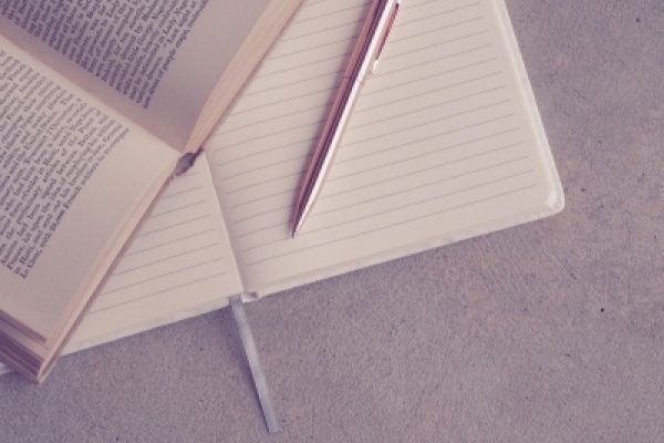 Open book and a lined notebook with a pen on a gray surface.