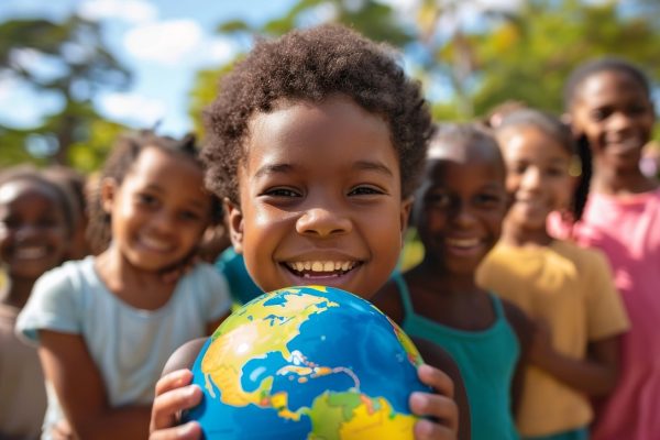Smiling child holding a globe, standing outside with friends on a sunny day.