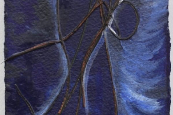 Abstract painting with blue swirls and brown intersecting lines.