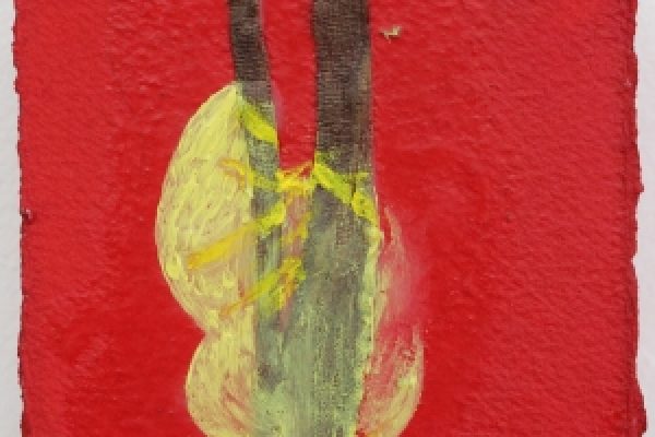 Abstract painting of yellow and green forms on a textured red square canvas.