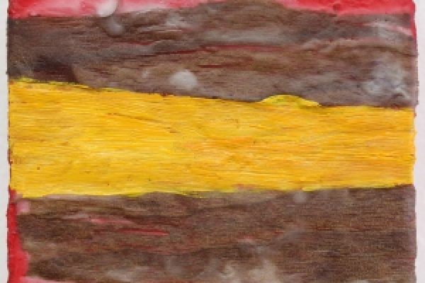 Abstract painting with horizontal red, brown, and yellow bands on a textured square canvas.