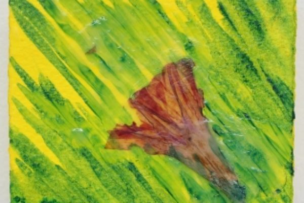 Abstract painting with green brushstrokes and a central brown-red shape on a yellow background.