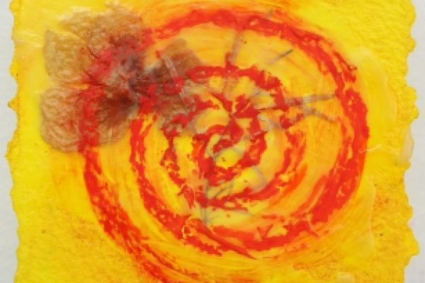 Abstract art with a red spiral on a yellow textured background and textured elements on the upper left.