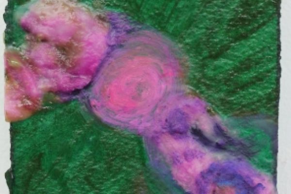 Abstract painting with swirling pink and purple shapes on a textured green background.