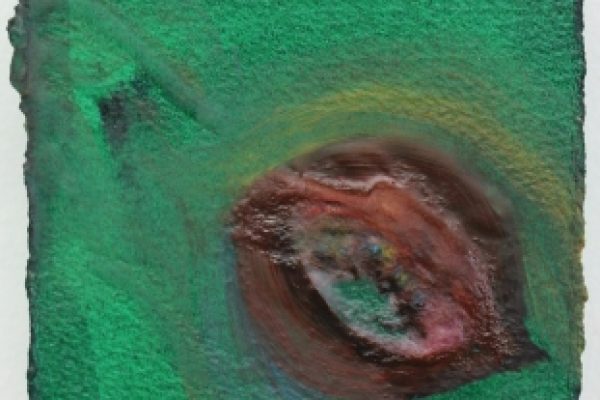 Abstract painting with a textured green background and a swirling brown and pink circle in the center.