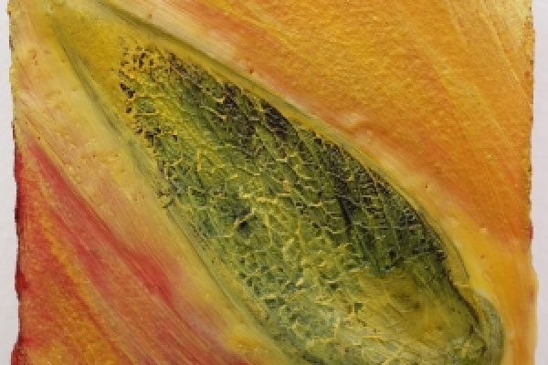Abstract painting with a textured green shape on an orange and red background.