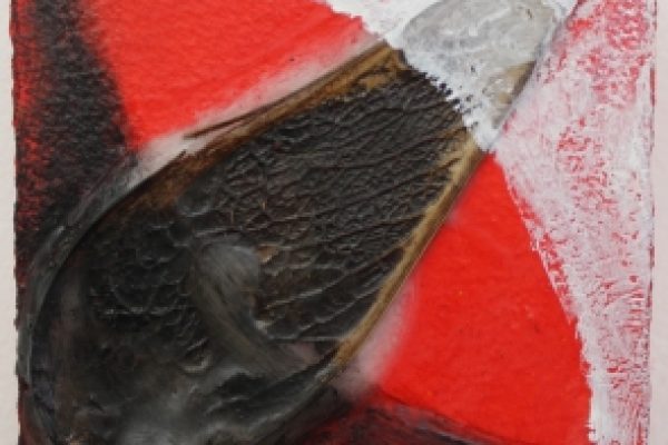 Abstract art with textured brown shape on red and white background.