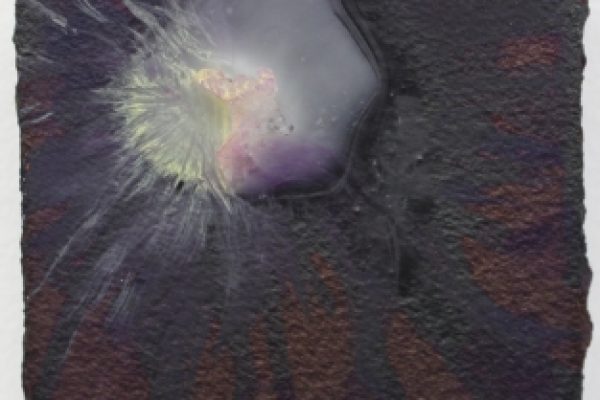 Abstract painting with a dark, textured background and a bright, explosive burst of white and purple at the center.