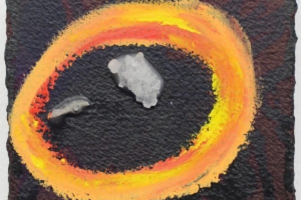 Abstract painting with a fiery, swirling ring and two gray stones on a textured, dark background.