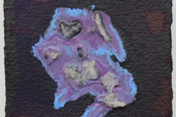 Abstract painting with textured layers of purple, blue, and gray on a dark background.