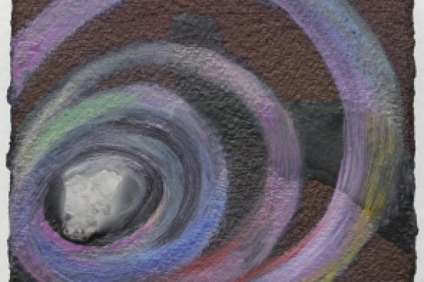 Abstract painting with swirling pastel colors on a dark, textured background.
