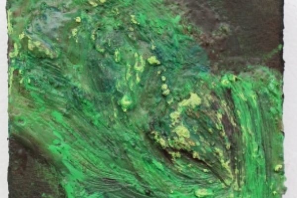 Abstract painting with swirling green and brown textures and a rough, textured surface.