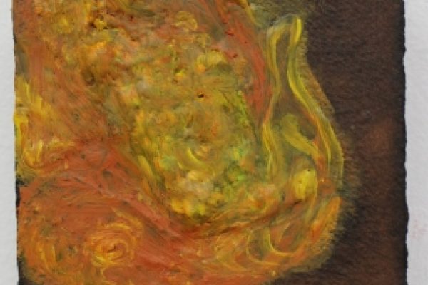 Abstract painting with swirling warm colors of orange, yellow, and brown on a textured square canvas.