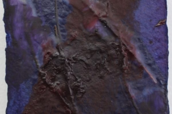 A textured abstract artwork with deep purple and brown tones, featuring rough, layered surfaces and streaks.