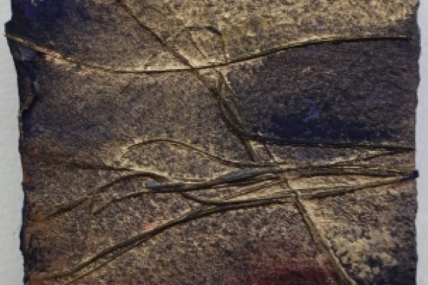A textured abstract painting with earthy tones and intersecting lines.