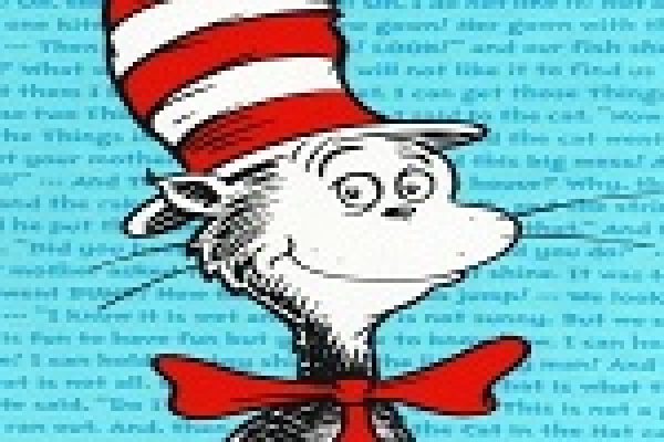 Illustration of a white cat wearing a red and white striped hat and red bow tie on a blue text background.