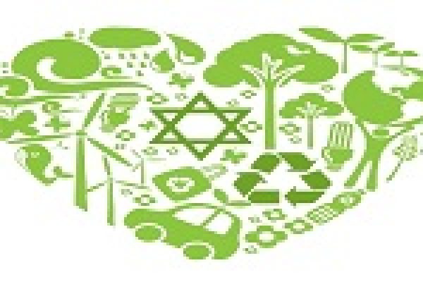 Green heart shape with eco-friendly symbols, including trees, recycling symbol, and wind turbines.