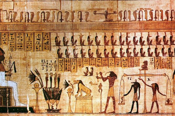 Ancient Egyptian wall painting showing gods, hieroglyphs, and figures in ceremonial poses.