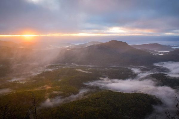 mountains sunrise fog clouds