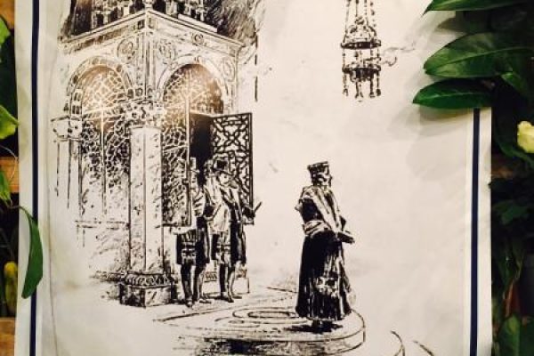 Black and white drawing of people in historical attire near a decorative building, surrounded by green leaves.