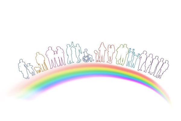 image of people including someone using a wheelchair on a rainbow