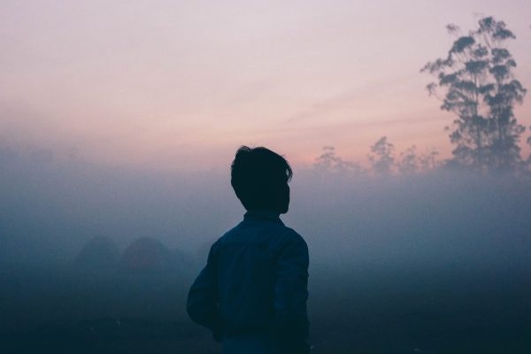 person in silhouette looking out at foggy blue pink sky with tree in background