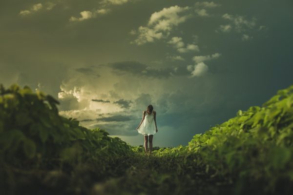 A person in a white dress stands between green plants under a dramatic, cloudy sky.