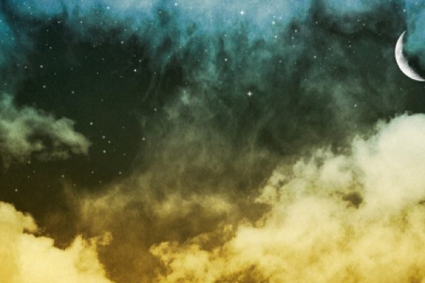 A starry night sky with a crescent moon and swirling clouds in blue and golden hues.