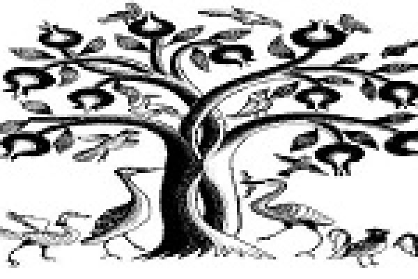 Stylized tree with birds perched on branches and animals at the base. Black and white folk art design.