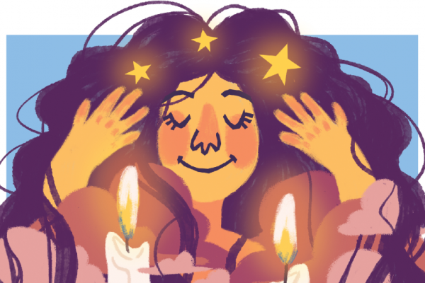 illustration of a person closing their eyes and holding their hands toward their face above Shabbat candles
