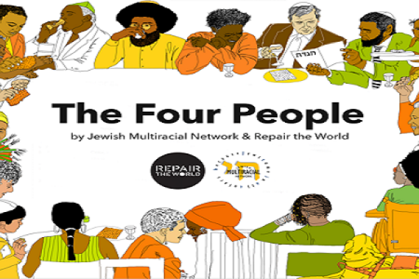 Diverse group sitting around a table with The Four People text in the center; logos at the bottom.