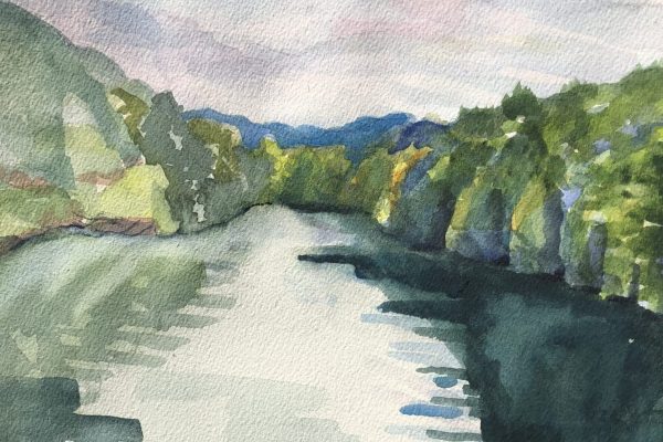 watercolor painting from the perspective of the middle of a river, with trees on the horizon