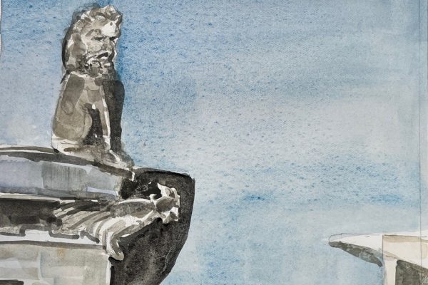 watercolor painting of a statue atop the corner of a building