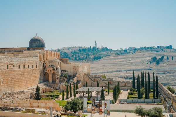 view of jerusalem western wall sunlit day with blue sky