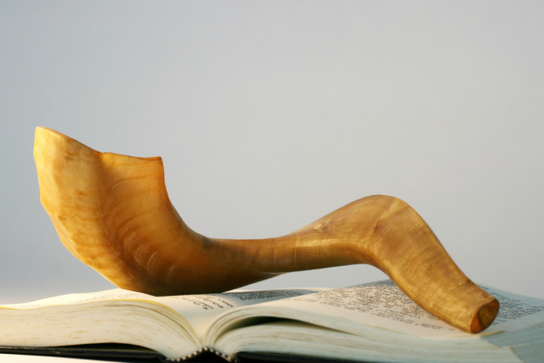 a brown shofar set on an open prayerbook