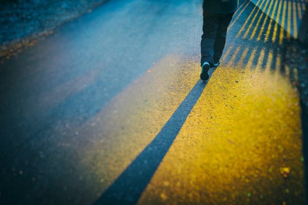 Person walking alone on a sunlit road casting a long shadow.